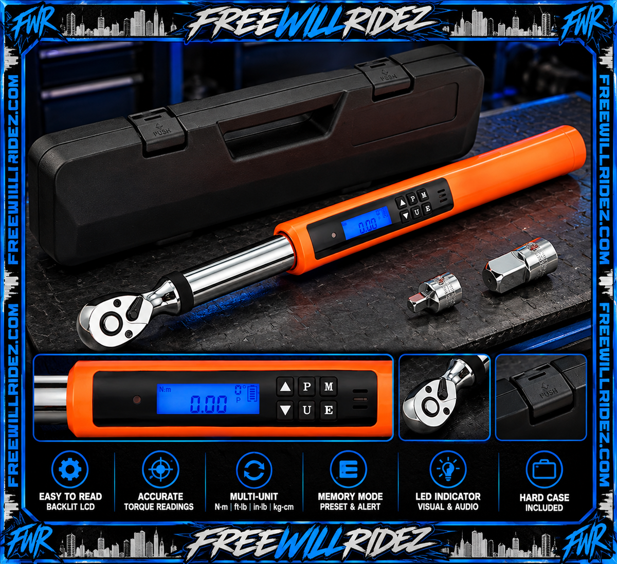 FWR digital precision torque wrench with display and adapters