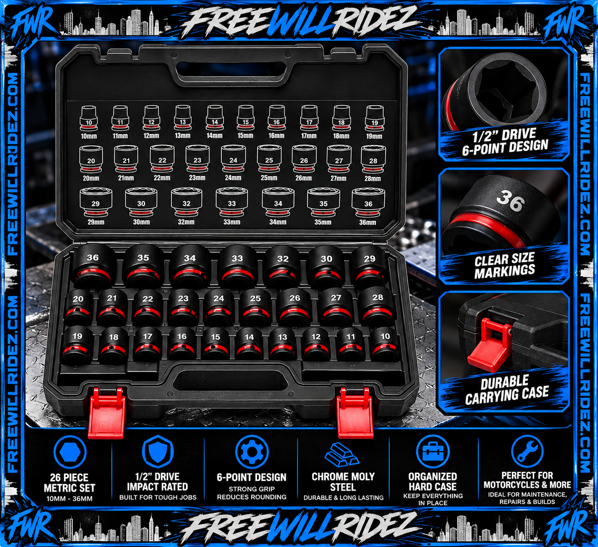 FWR Pro Series 26-piece impact socket set in its carrying case
