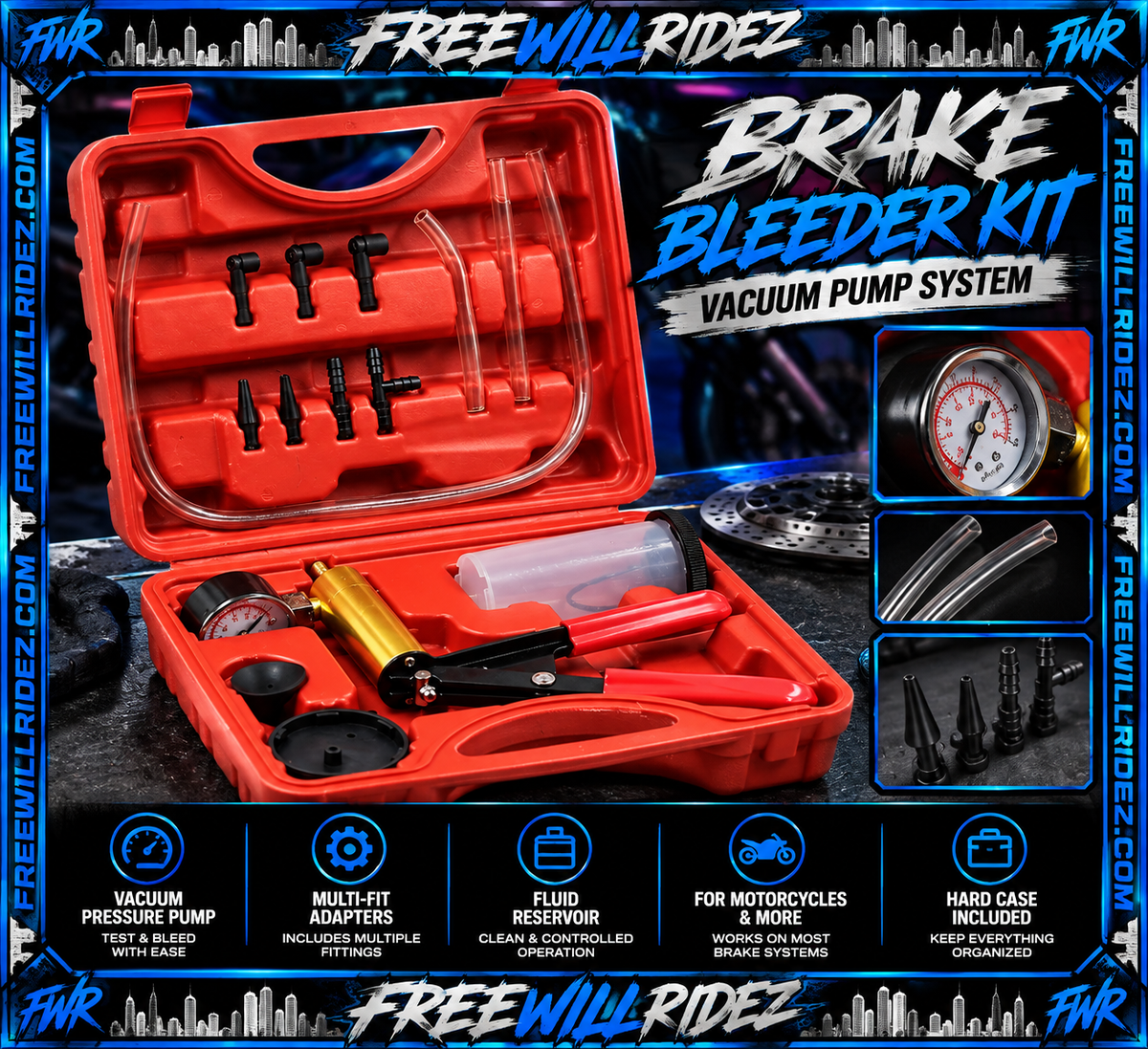 FWR Pro brake bleeder and vacuum pump kit in its red case
