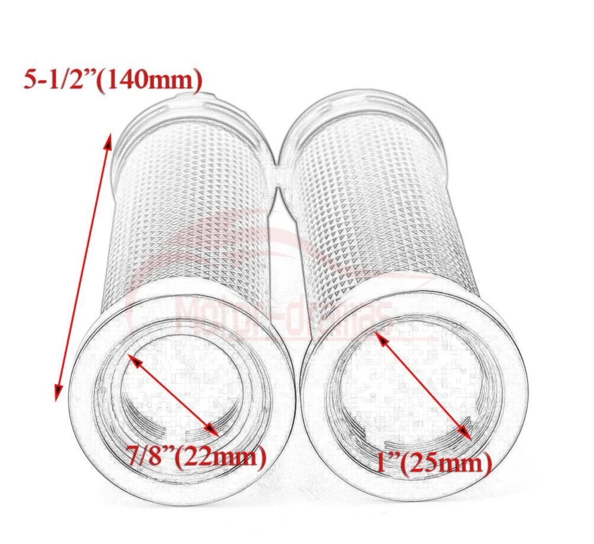 FWR motorcycle grip dimensions: 140mm long, 22mm and 25mm bores