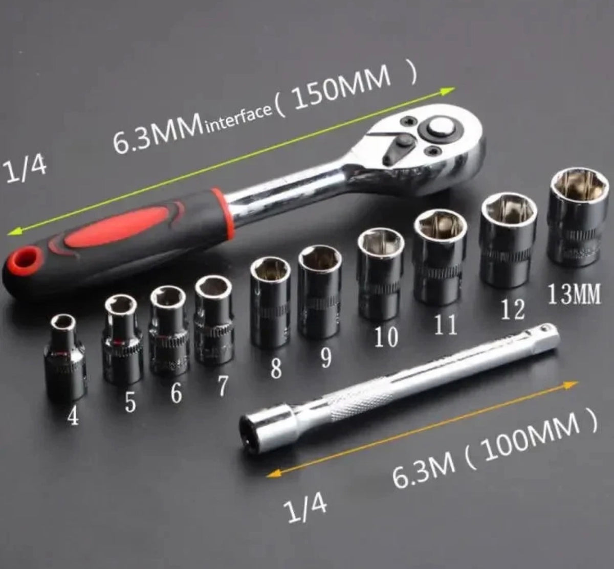 Measurements of the 1/4-inch ratchet and sockets