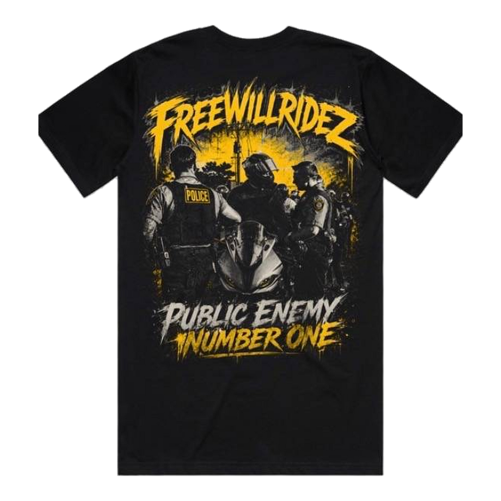 Public Enemy Number One — back print on a black tee