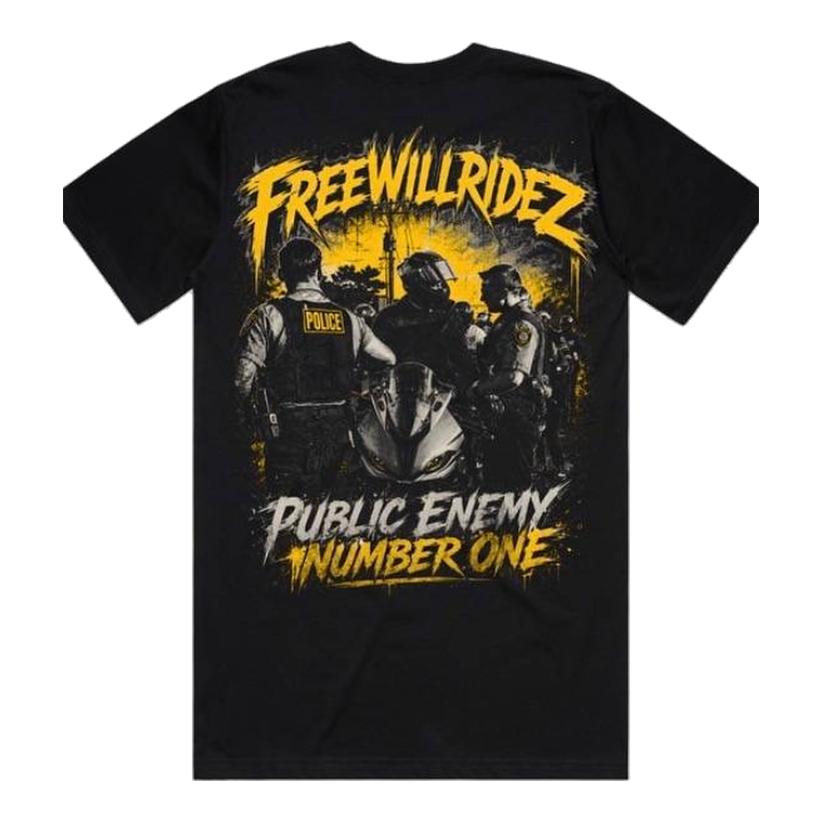 Public Enemy Number One — back print on a black tee
