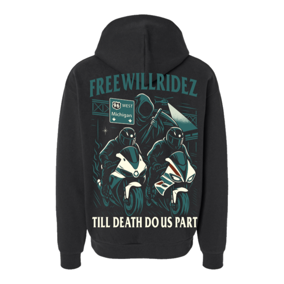 Vol. 2 — Till Death Do Us Part — back print on a black hoodie