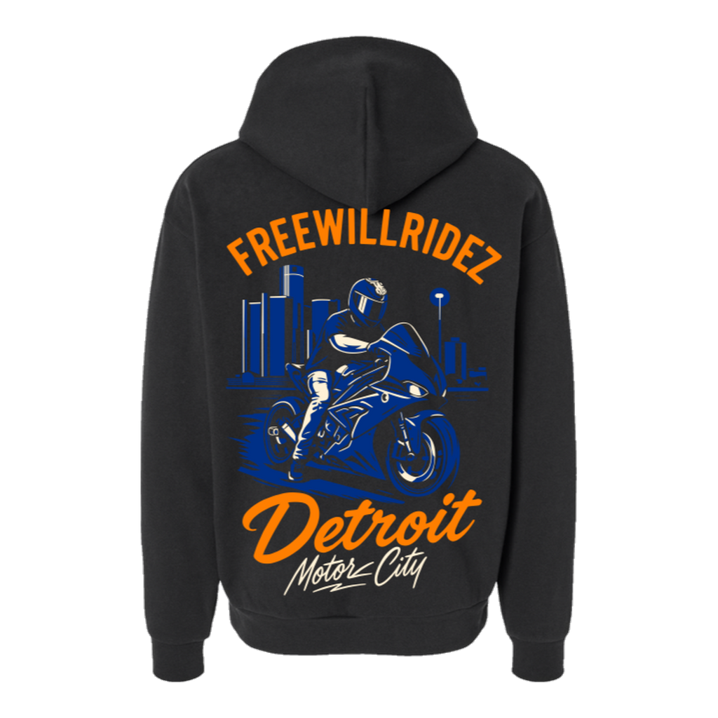 Vol. 3 — Detroit Motor City — back print on a black hoodie